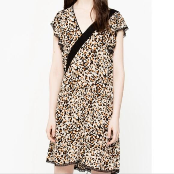 Zadig & Voltaire ringo leo leopard crinkle lace trim dress sz XS - Picture 1 of 8